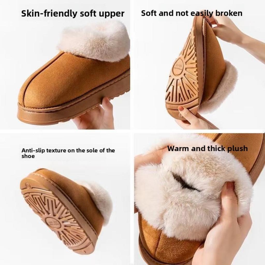 Baumwollpantoffeln mit Keilabsatz für Damen, Herbst und Winter, Plüschisolierung und dicke Sohlen für den Außenbereich, Paar-Baumwollschuhe mit Fell