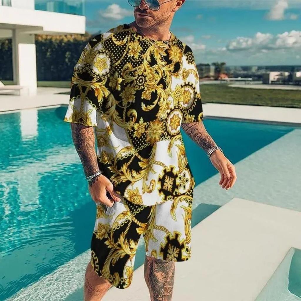 2025 Summer New Men's Luxury Gold Pattern Sportswear 3D Printed Short Sleeve T-shirt Set Fashionable Casual Men's T-shirt