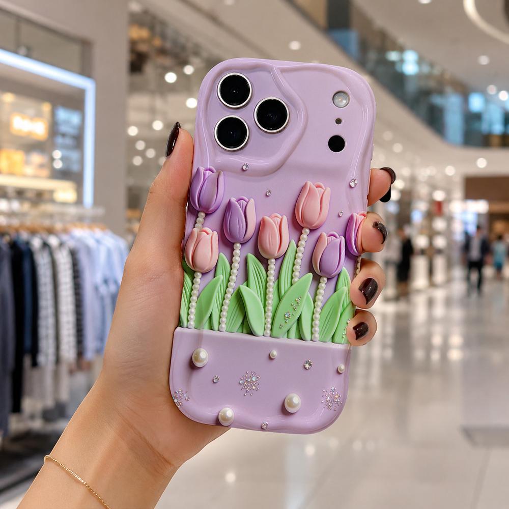 Tulip Pearl Light Lavender Phone Case For iPhone 17 16 15 14 13 12 11 Pro Max Plus Wavy Edge Protective Cover