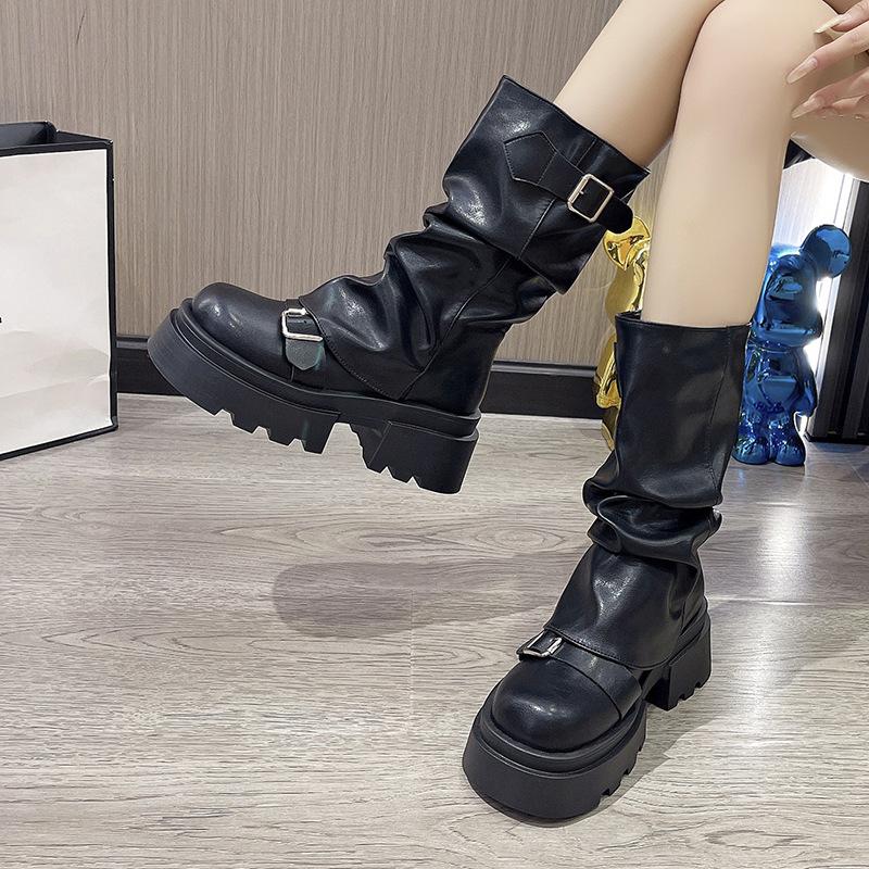 Casual thick-soled heightening Martin boots women's 2025 new spring and autumn retro Maillard stacking boots medium tube boots