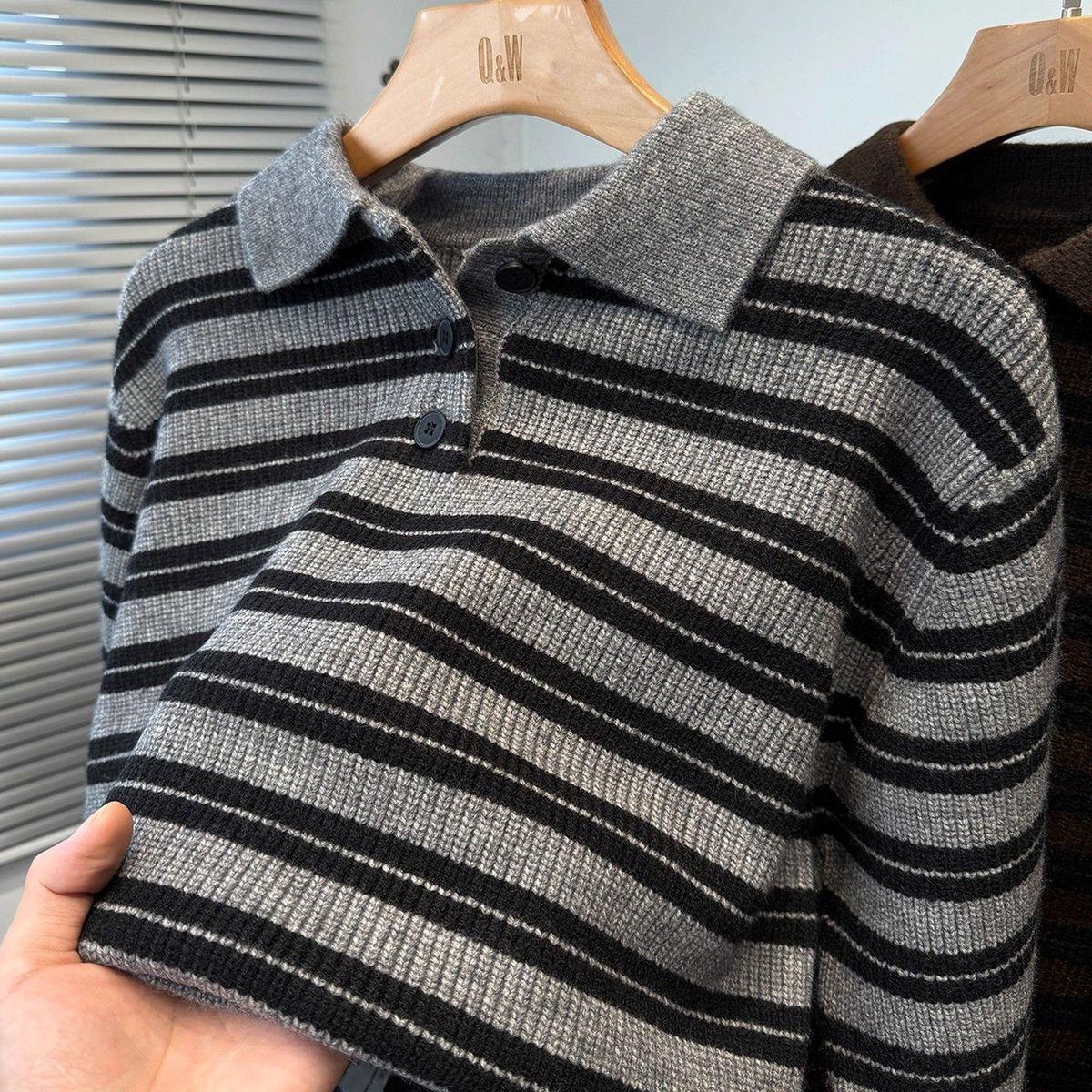 

Men s Retro Striped Polo Collar Knitwear Pullover XXXL (141-160 jin) сірий колір