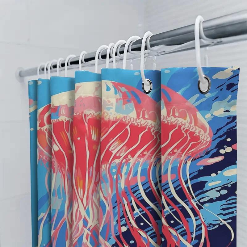 Stylish Jellyfish Shower Curtain For Bathroom Decor Waterproof Fabric With Blue Background Red White Streamers Design