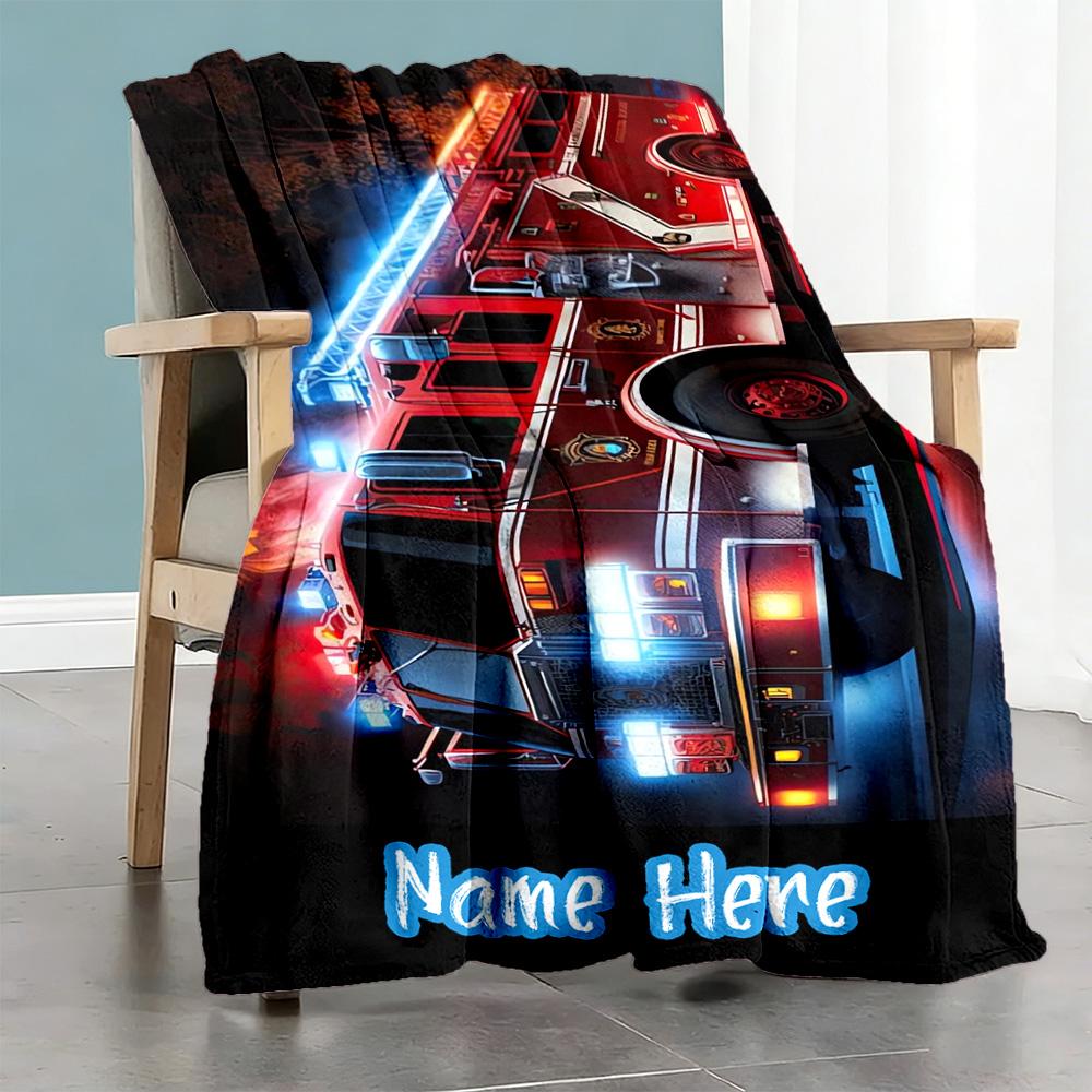 Fire Truck Style Customize Text Blanket Lightweight Personalized Blanket Durable Comfort Perfect for Picnics Seaside Living Room Home Decor