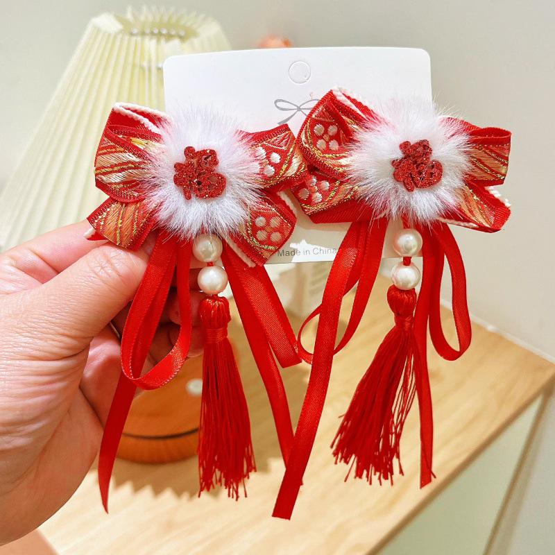 

Детские праздничные заколки для волос в стиле ханьфу: Новогодний головной убор с кисточками и бантом для девочек