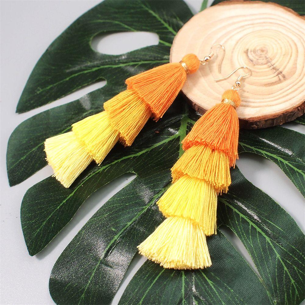 Ear Stud Silk Fabric Gradient Long Tassel Earrings Dangle Drop Earrings Multilayer Drop Bohemian