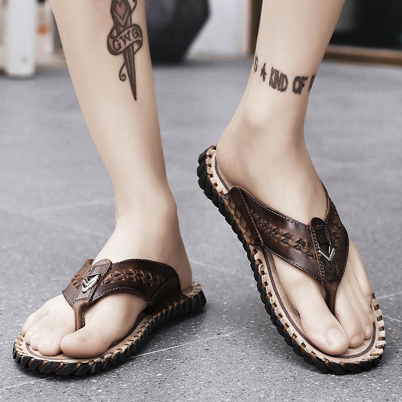 Fashion Golden Sapling Beach Flip Flops Summer Men's Shoes Genuine Leather Flats Retro Men Slippers Fashion Outdoor Slides Casual Shoe
