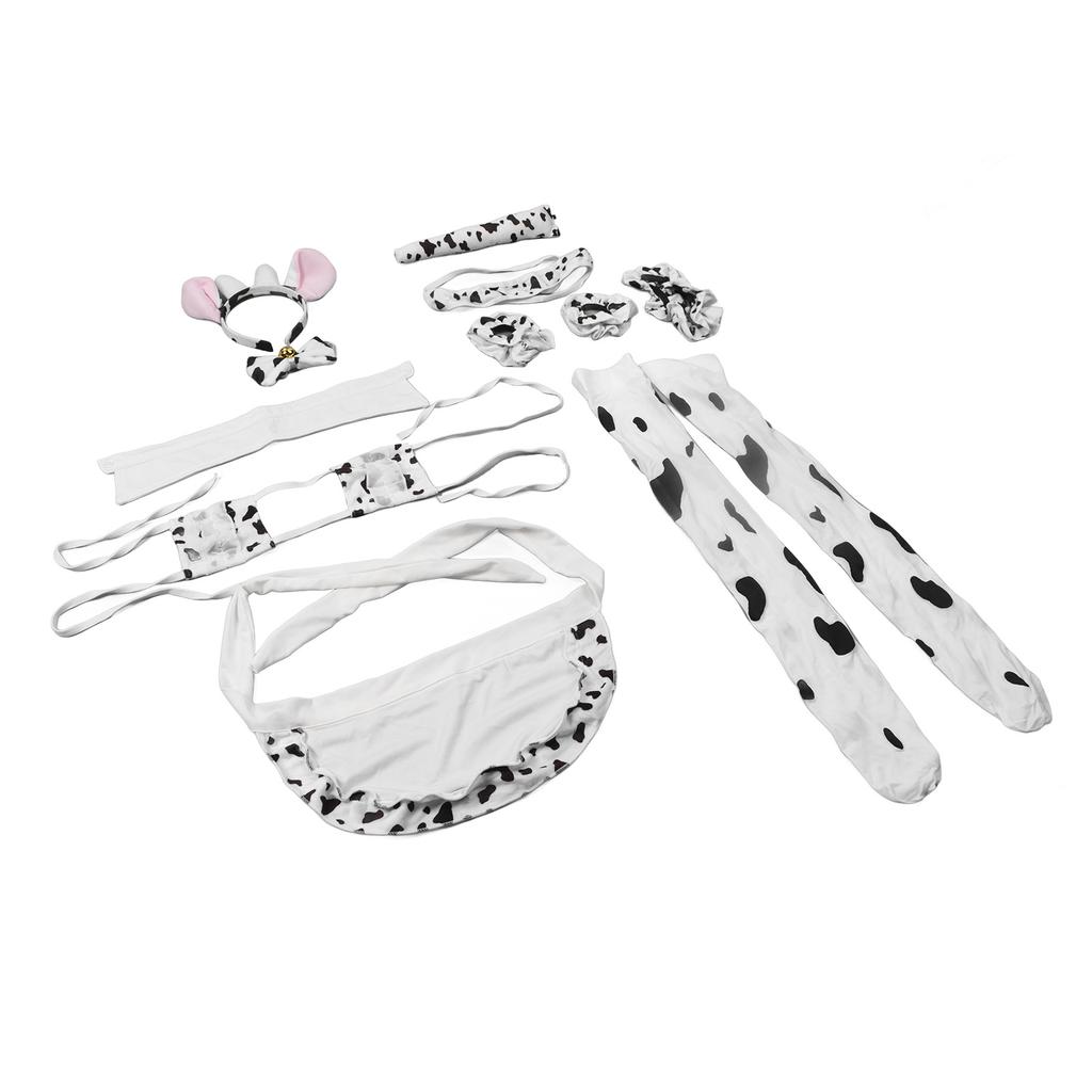 Damen Cosplay Set Niedlicher Kuh-Stil Rollenspiel Uniform Kopfbedeckung Unterwäsche Taillenband Schürze Bekleidungsset Weiß Einheitsgröße