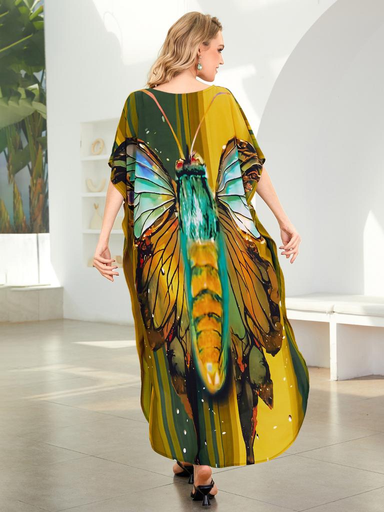 Beach Kaftans pro ženy Motýlí papoušek s potiskem Letní šaty velké velikosti Sváteční plavky Dropshipping