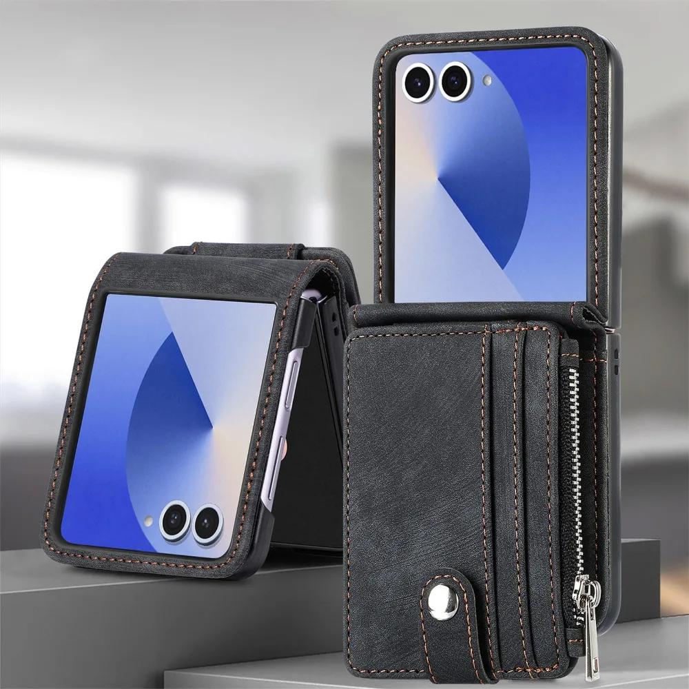 Étui portefeuille amovible en cuir 2 en 1 pour Samsung Galaxy Z Flip 7 fe 6 5 4 3 Flip7 Flip6 Flip5 5G Étui de téléphone avec porte-cartes