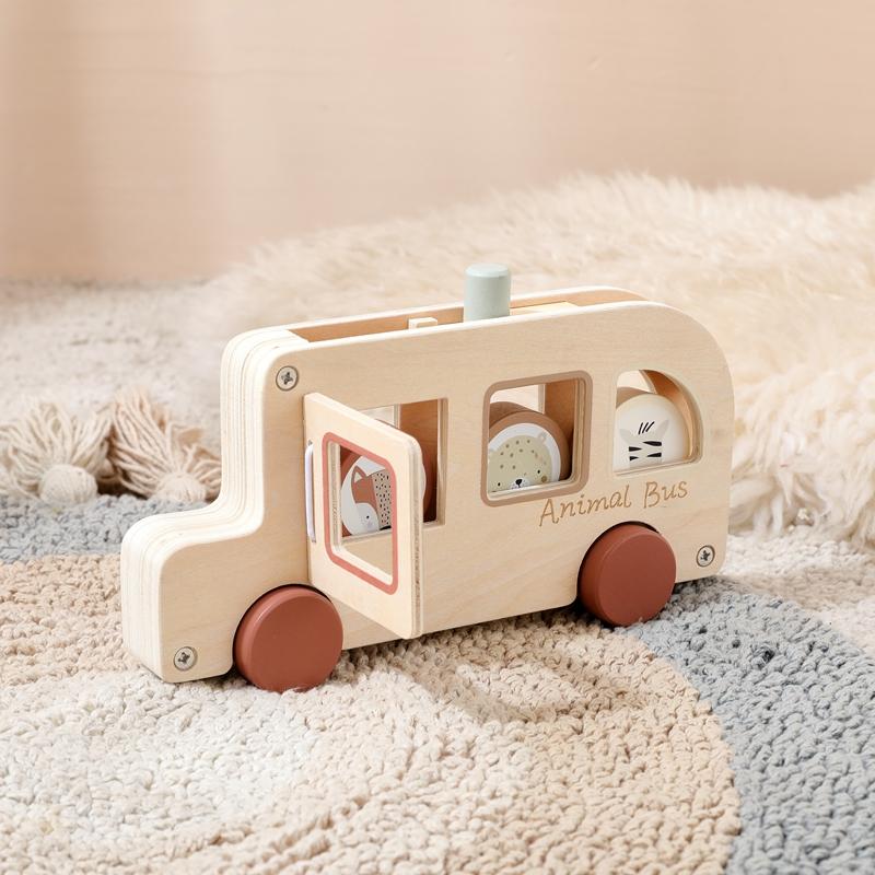 Baby Montessori Toy Wooden Cartoon Animal Bus Baby Finger Fine Movement Toy Traffic Simulation Game Wooden Baby Hand-pushed Car