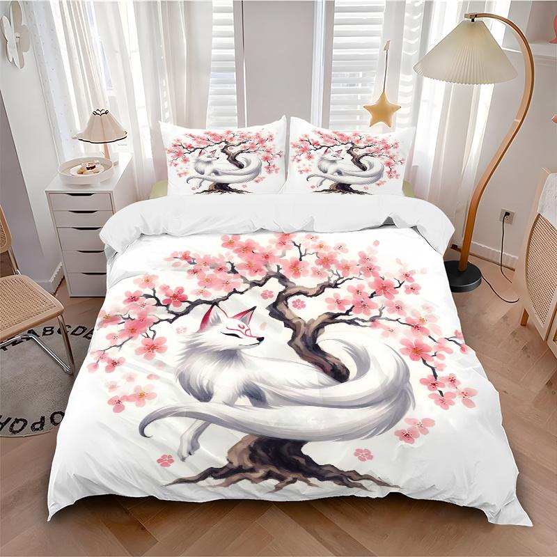 3pcs Cherry Blossom Tree and Beautiful White Fox Bedding Set, Including 1 Quilt Cover and 2 Pillow Shams, Without Filling, Soft and Comforta