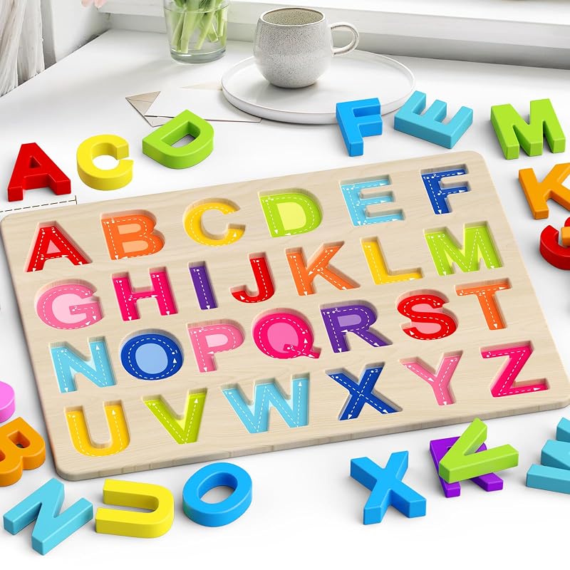 Zeoddler Alphabet Puzzle, Wooden Puzzle for Toddlers, ABC Shape Puzzle for Kids, Preschool Learning Activity, Gift for Girls and Boys.