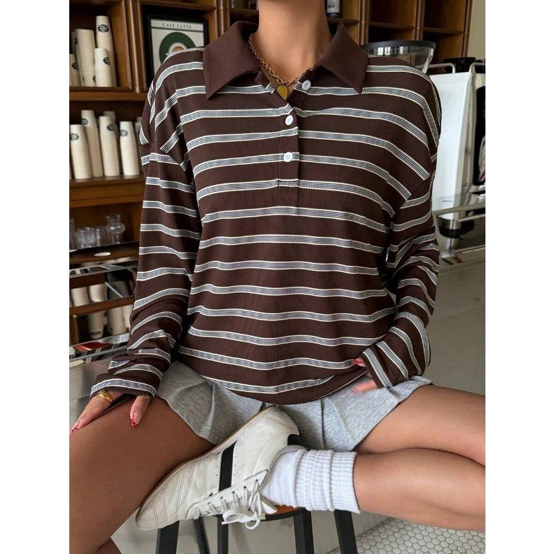 Womens Striped Button Polo Collar Long Sleeve Casual Loose Sweatshirt