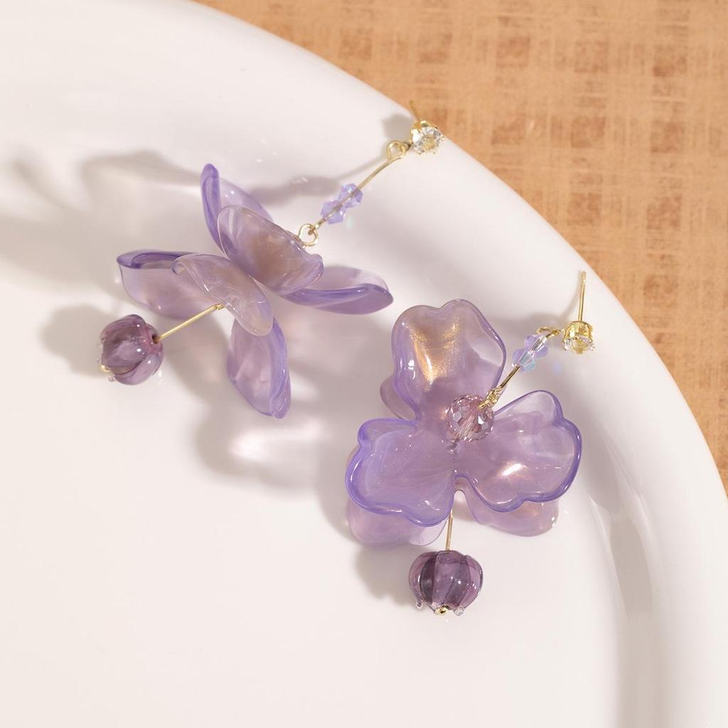 Silver Needle Purple Diamond Flower Earrings - Romantic & Fresh Fairy Style Accessories