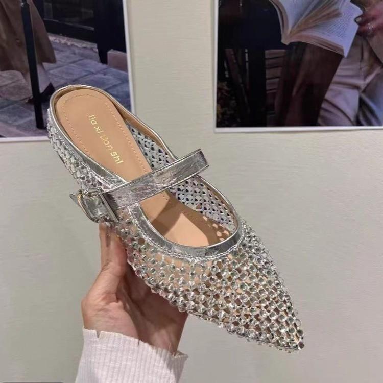 Fashion Women Slippers  New Rhinestone Leisure Slipper Retro Pointed Toe Metal Buckle Fashion Half Slipper Sandalias De Mujer
