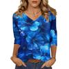 Damen Tops Dreiviertelärmel Shirt V-Ausschnitt Lockeres Freizeithemd Blumendruck T-Shirt