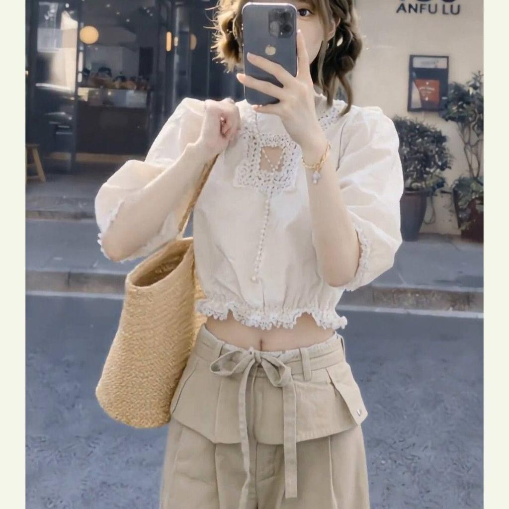 Korean Lace Design Sense White T-shirt Women's Summer New Waist Sexy Hot Girl Short Top