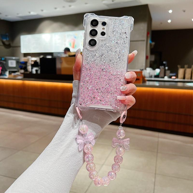 

Drop Glue Glitter Strap Case For Samsung Galaxy S24 Ultra S22 S23 Plus A55 A54 A15 Butterfly Crystal Bracelet Four Corners Cover S23&Case & Strap
