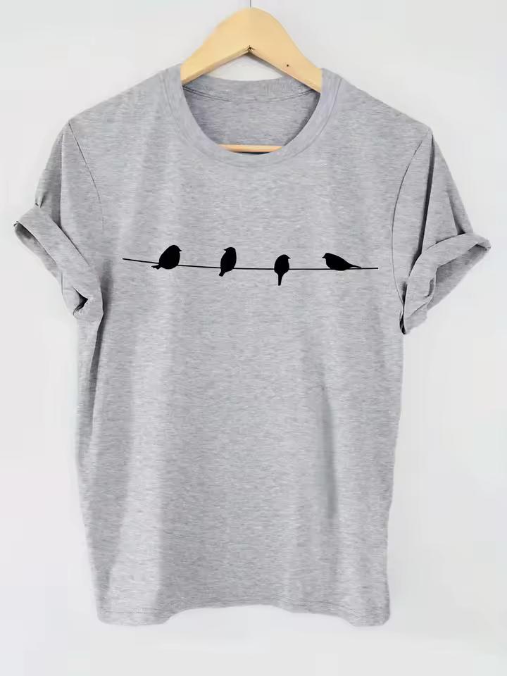 2026 Casual Top for Summer & Spring Women Lady Clothing Bird Print T-shirt Short Sleeve Crew Neck