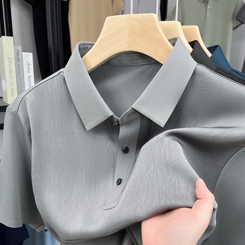 

2025 new summer men s lapel short-sleeved T-shirt ice silk short-sleeved polo shirt solid color top XL сірий колір