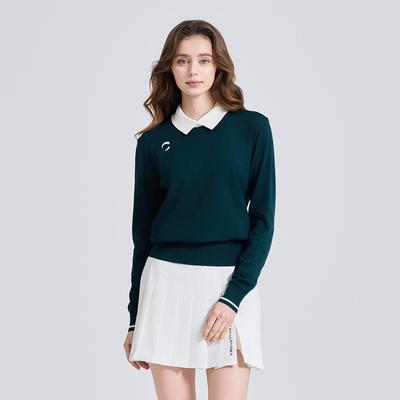 CHALLENGER Women'S Classic Contrast Collared Knit Pullover Dark Green
