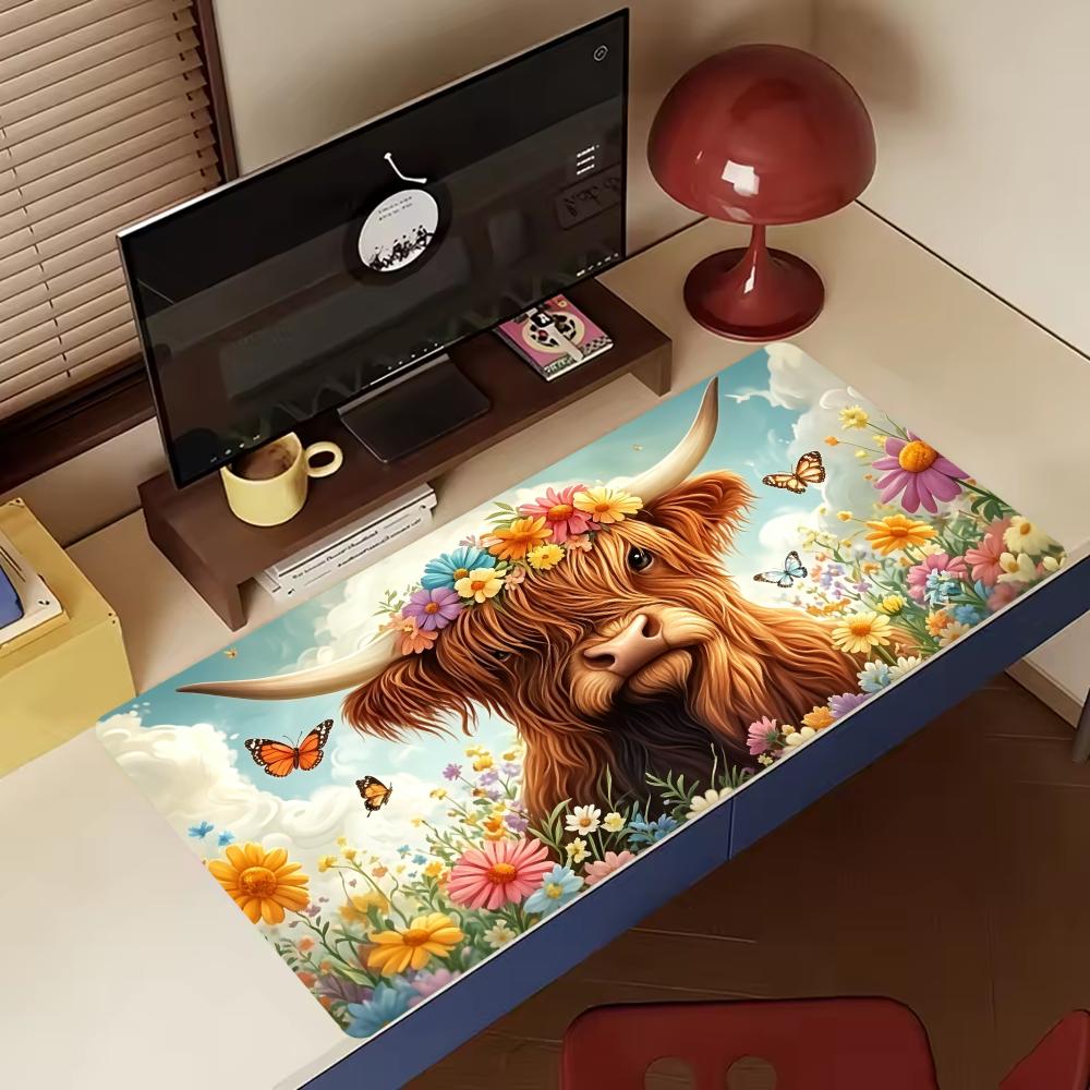 Large Extended Highland Cow Floral Mouse Pad Thick Non‑Slip Rubber Mat For Precise Mouse Control Gaming Laptop Computer Desktop