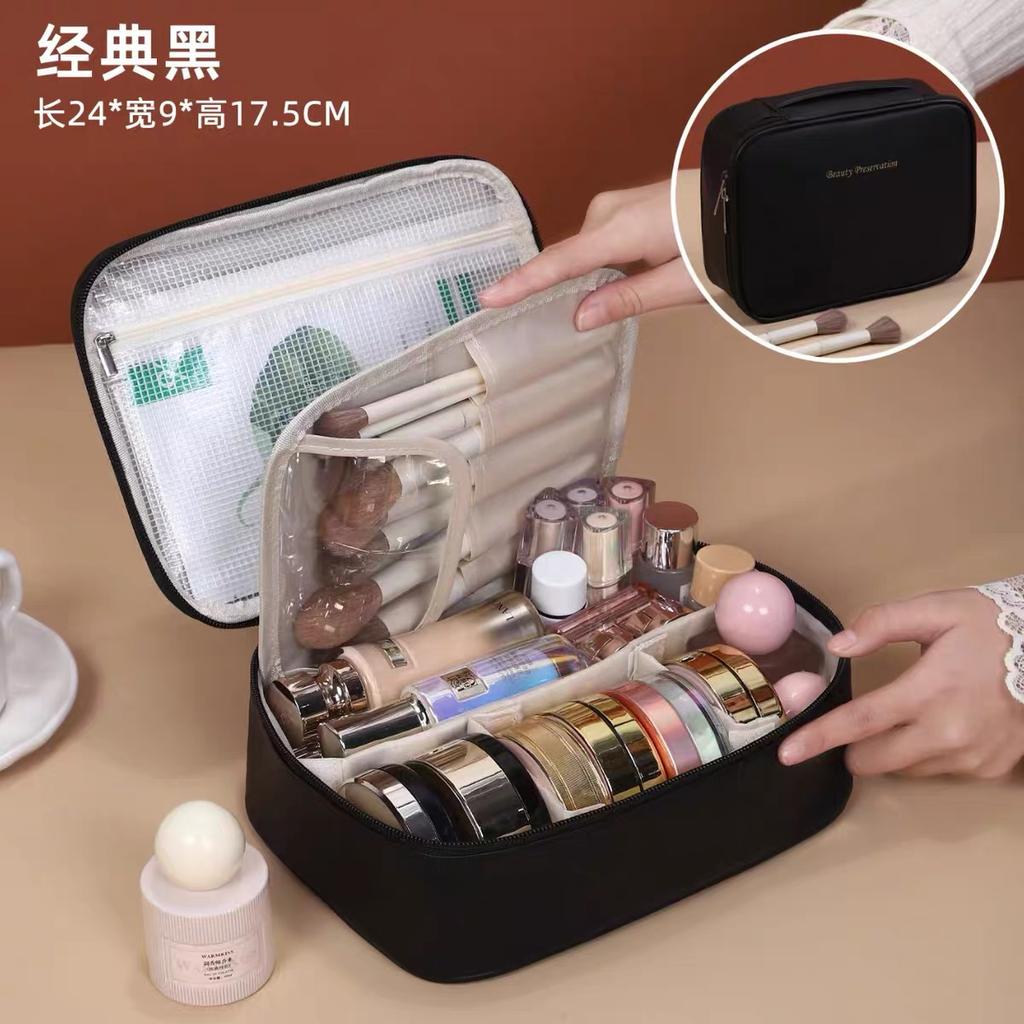 Women PU Leather Double Layer Travel Makeup Wash Clear Cosmetic Bag With Zipper Multi-Compartment Waterproof Toiletry Organizer