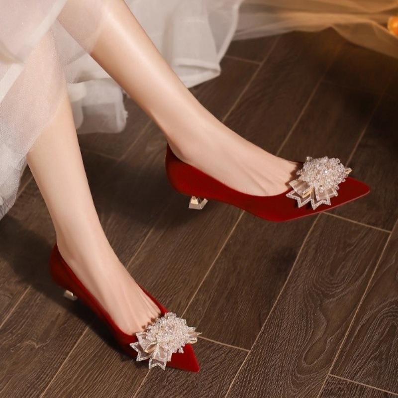 French rhinestone flower wedding shoes women's 2025 new fine flash wine glass and high heels wedding dress Xiuhe two wear crystal shoes
