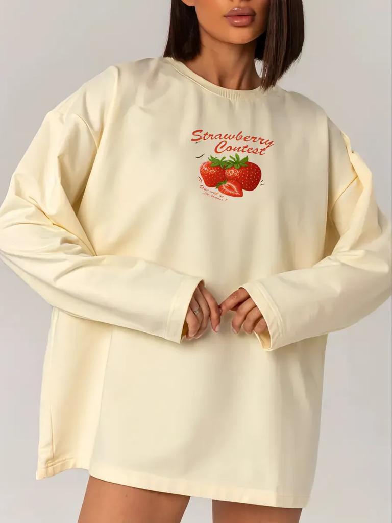 100% pure cotton autumn American new girl's heart fun age reduction strawberry print versatile top women