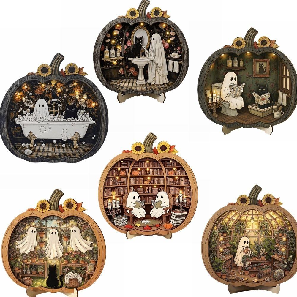 2D Flat Desktop Decoration Wooden Halloween Decorative Plate Funny Pumpkin Ornament Home
