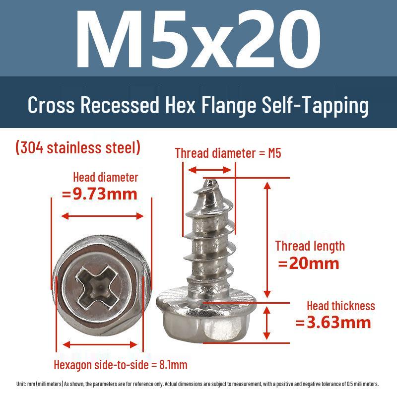 Yigu Stainless Steel Phillips Hex Head Self-Tapping Screws with Washer, Anti-Slip, Pointed Tip, M3-M6