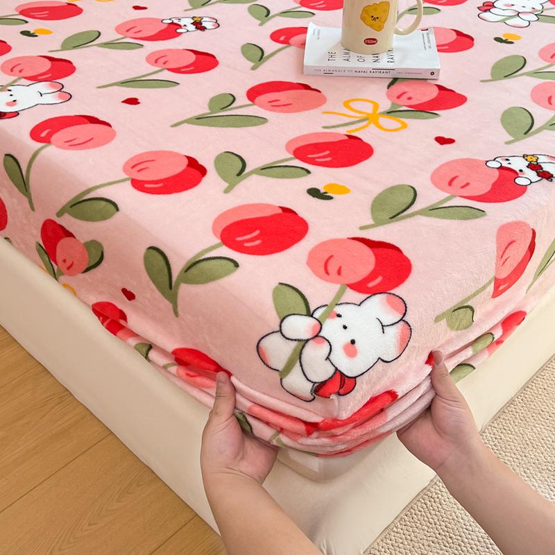 Flannel Bed Sheet Winter Warm Plush Fitted Sheet Soft Mink Cashmere Bed Linen Mattress Cover Elastic Bedspread