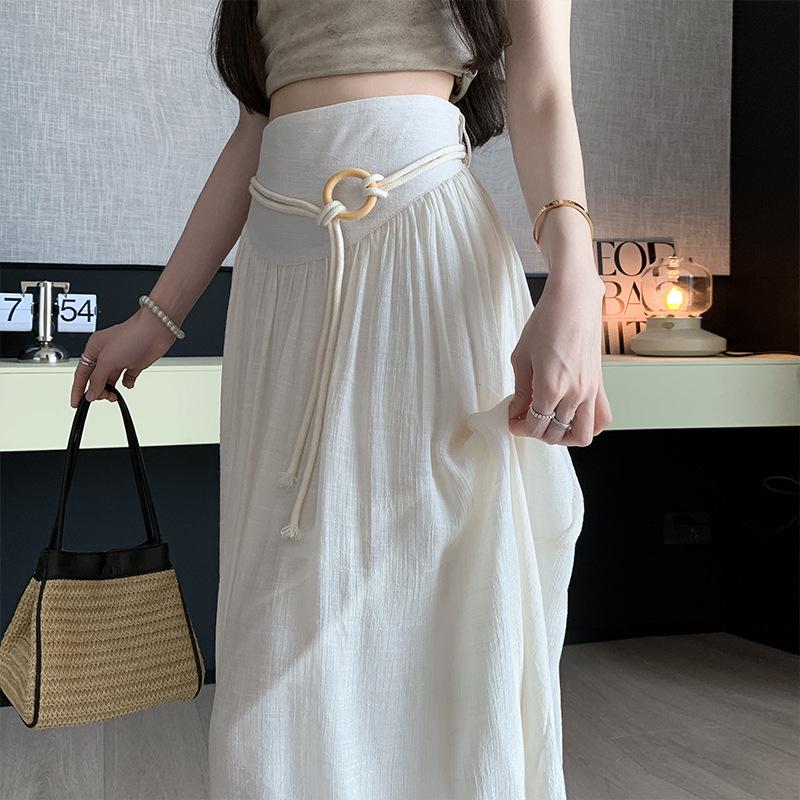 

Женская летняя миди-юбка с завязкой на талии - Ледяной шелк, хлопок, лен, с высокой талией, А-силуэт в стиле дзен S белый