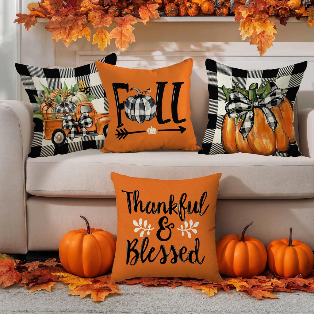1 \ 4Pcs Autumn Thanksgiving Pillow Cover With Bow Truck Pattern Backrest Cover, Suitable For Room Living Room (No Pillow Core)