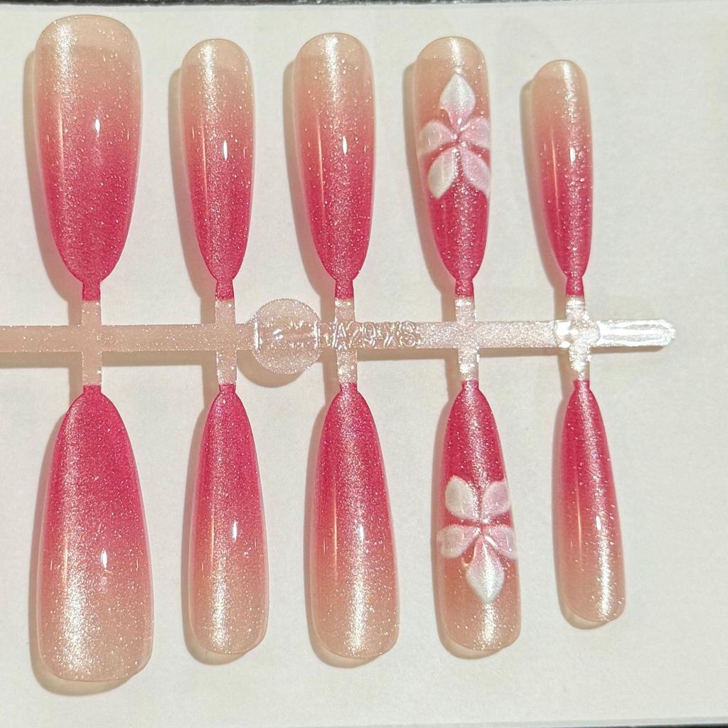 Nude Long Almond Rose Red Cat Eye Wearing Nail Spring and Summer Small Fresh Gradual Change Flower Nail Art Ice Through Advanced Sense