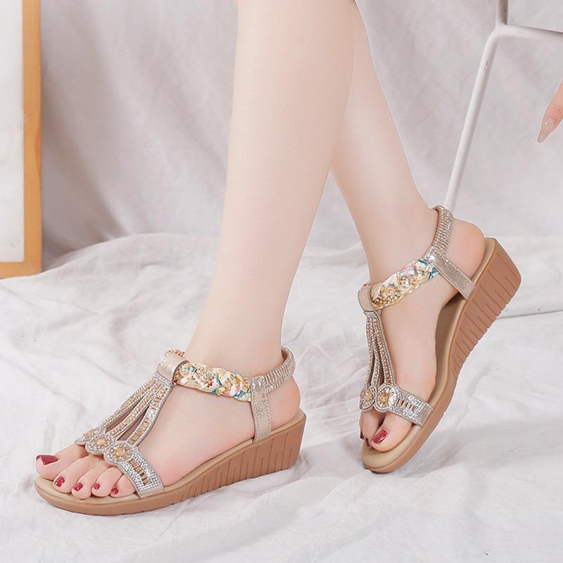 Wedge sandals women's large size summer new bohemian rhinestone elastic foot sandals