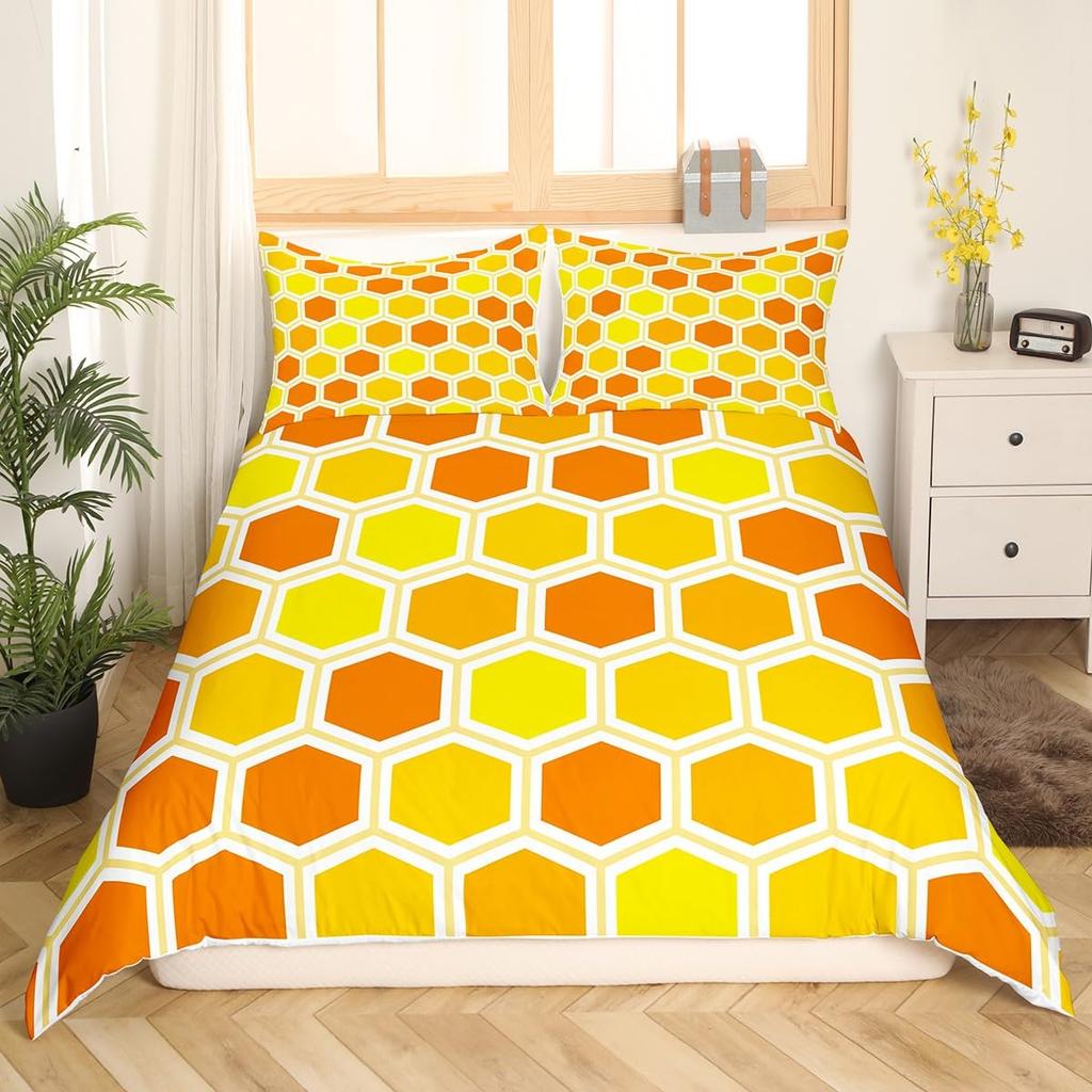 Cute Cartoon Bee Duvet Cover Honeycomb Bedding Set for Kids Boys Girls Honeycomb Hexagon Comforter Cover Wild Animal Quilt Cover