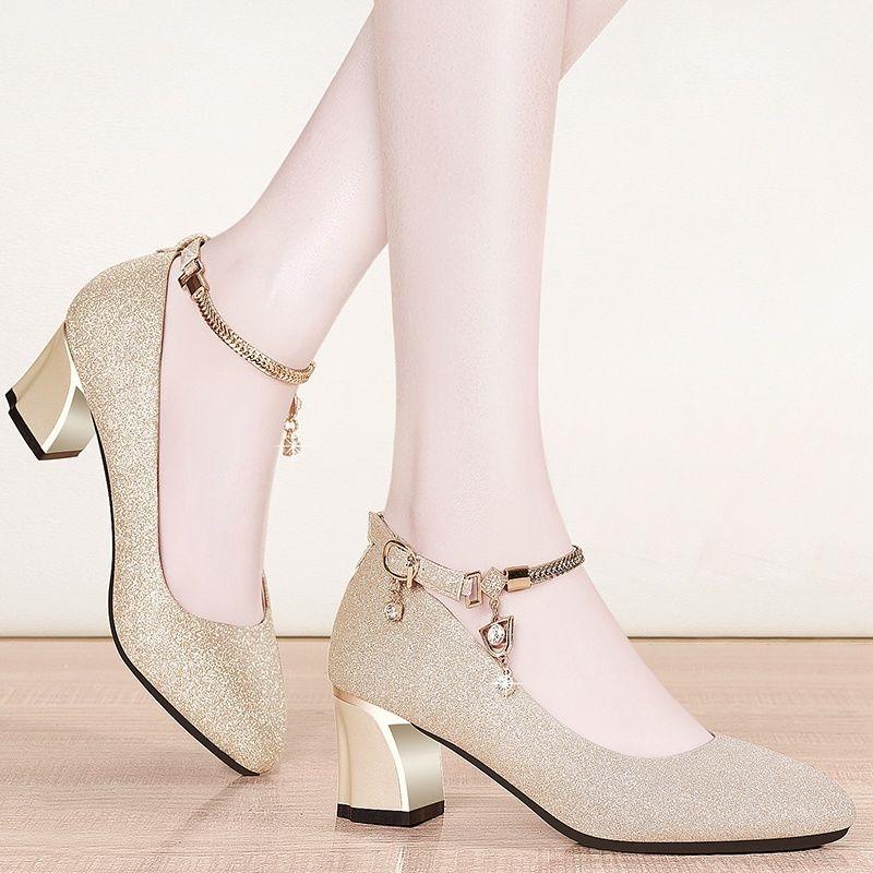Women Wedding High Heel Shoes Luxury Elegant Plus Size Women Shoes Spring Ankle Strap Heels Women Shallow Chunky Heel Pumps