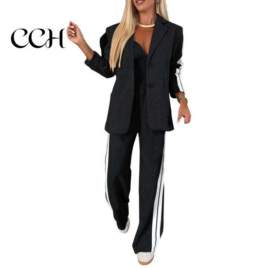 Women Commuter Suit 2 Pcs/Set Lady Formal Coat Pants Set Turn-down Collar Single-breasted Long Sleeves Autumn Outfit Jacket Loose Striped Wide