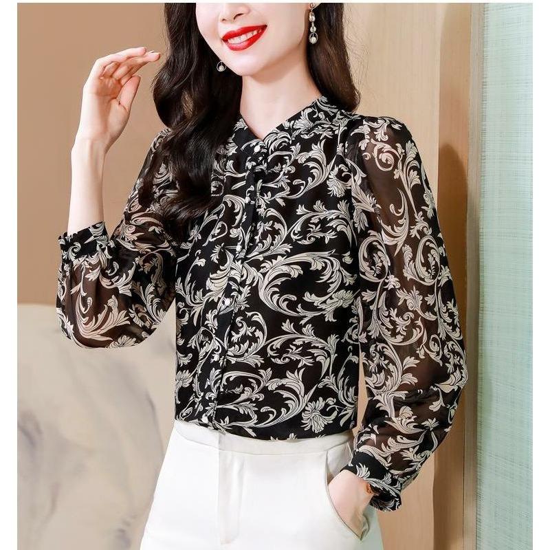 2025 Spring New Floral Chiffon Temperament Middle-aged Mother Stitching Stand-up Collar Printed Long-sleeved Loose Top
