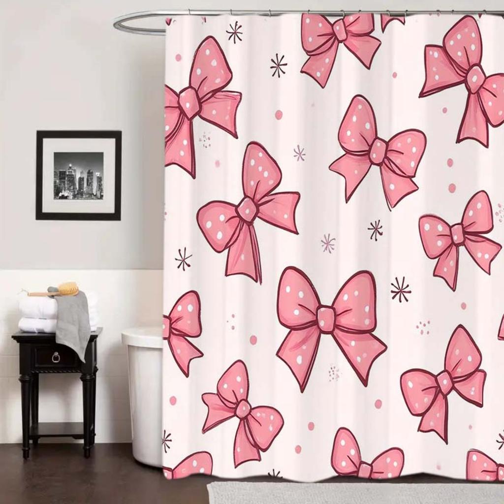 1pc Pink shower curtain with bow pattern, polyester fabric, machine washable, with hooks, suitable for bathroom decoration.