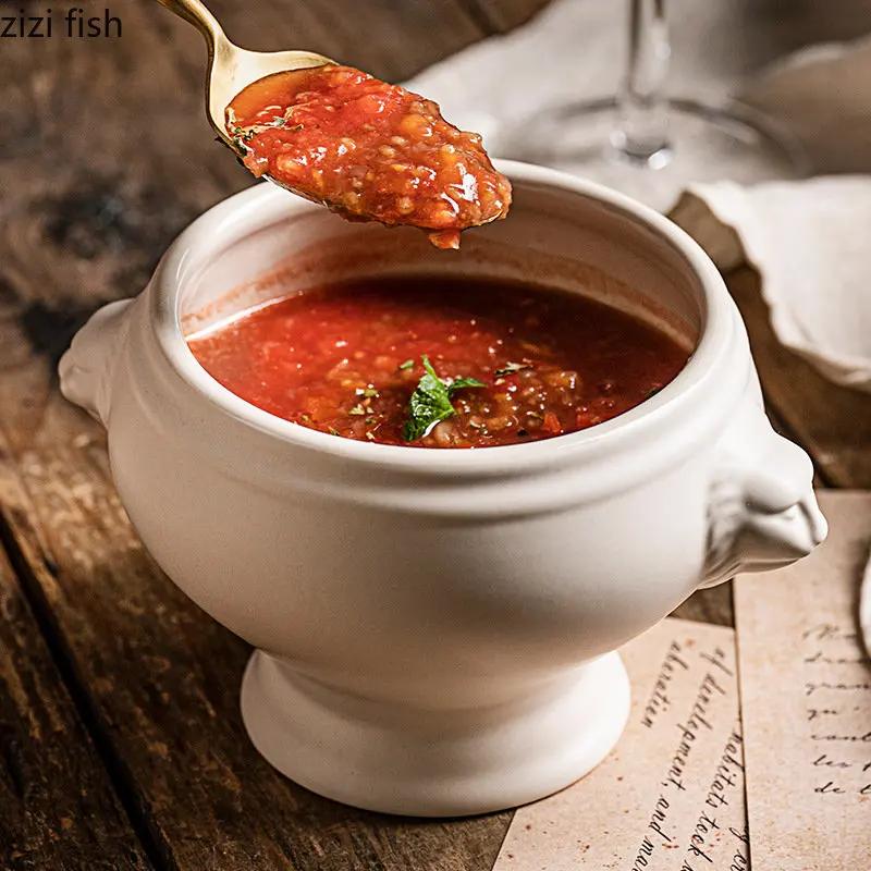 Ceramic Soup Bowl Restaurant Creative Lion Head Embossed Handle Bowl Dessert Bowls Snack Bowls Salad Bowls Home Tableware