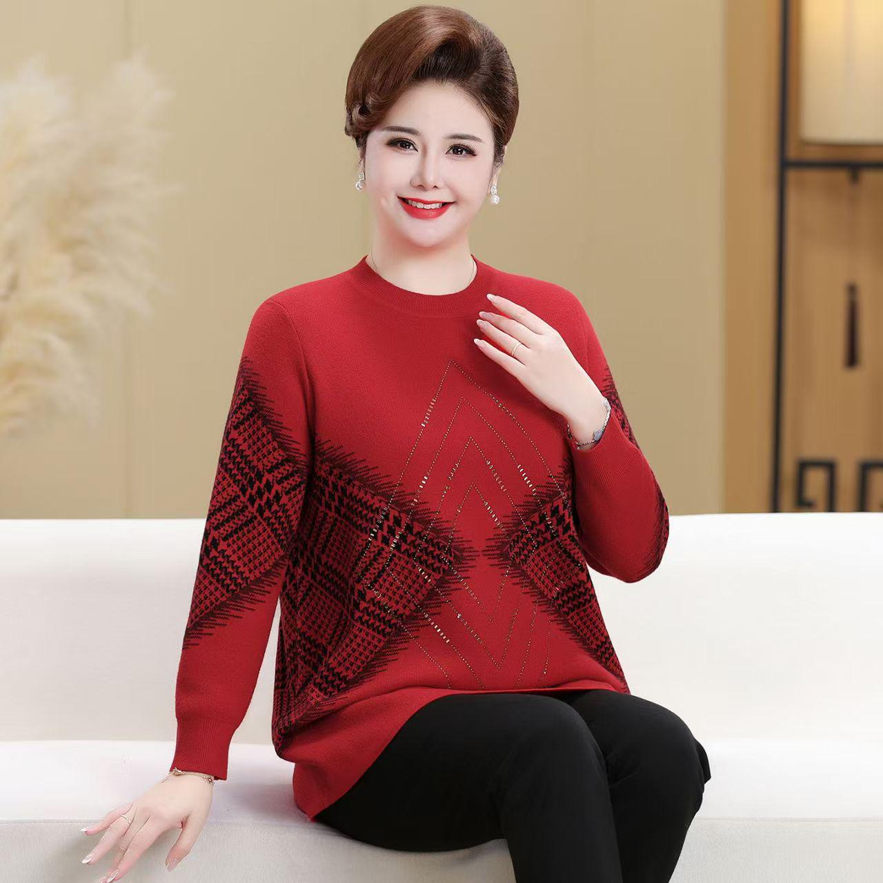 

Extra Wide Plus Size Autumn/Winter Wool Pullover Sweater for Middle-Aged and Elderly Women 5XL (140-160 jin) червоний