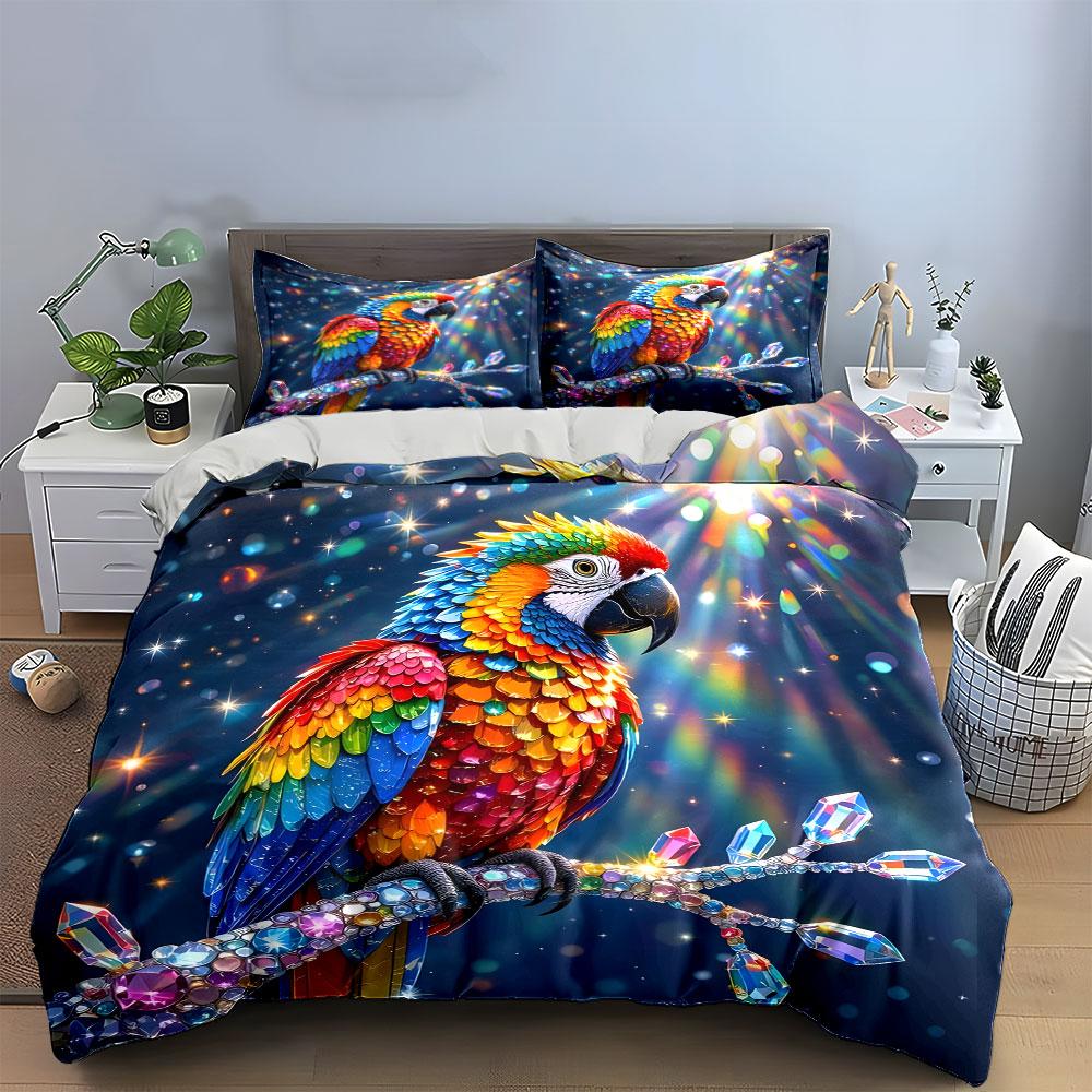 Colorful Parrot Art Decor Set Bedding Set with 1 Duvet Cover 2 Pillowcases Single Double King Queen, Gift