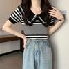 Design Sense Niche T-shirt Short Sleeved Women's Summer Sweet and Spicy Doll Collar American Retro Striped Knitted Top Trendy