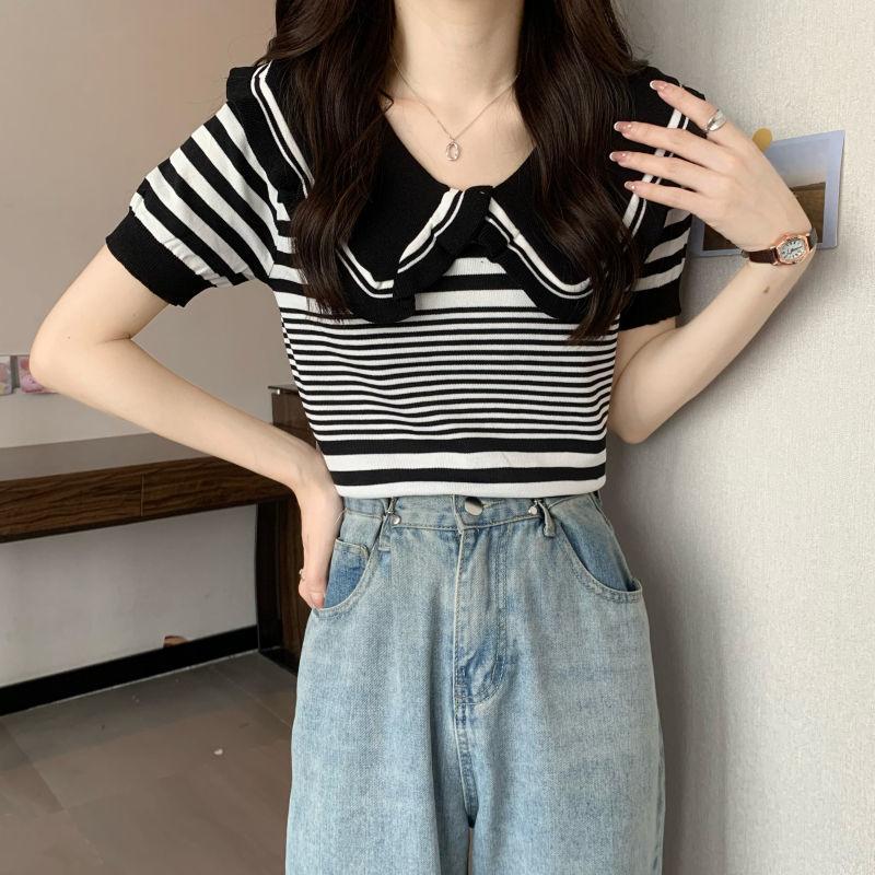Design Sense Niche T-shirt Short Sleeved Women's Summer Sweet and Spicy Doll Collar American Retro Striped Knitted Top Trendy