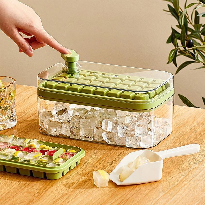 1 pz. Tipo di pressione a un pulsante Scatola per stampi per ghiaccio 32/64 Griglie Stampo per cubetti di ghiaccio in plastica Stampo per vassoio per ghiaccio con scatola di immagazzinaggio con strumento per bar da cucina per bevande fresche