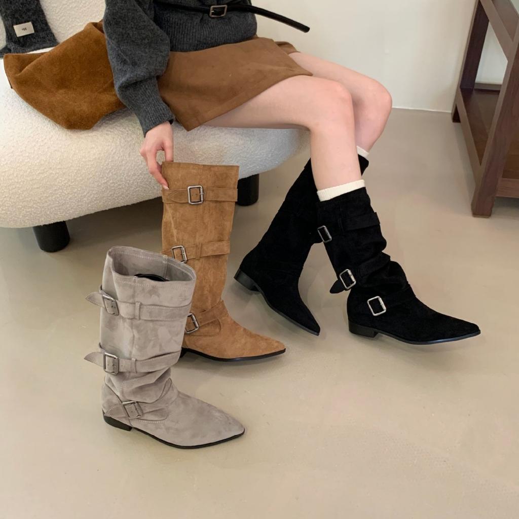 2025 Autumn and Winter New Small Pointed Head Tall Tube Thin But Knee Thick Heel Belt Buckle Knight Women's Boots