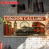 London Calling Metal License Plate -  Retro Aluminum Wall Art, London Landmark Design with Red Double-Decker Bus & Big Ben Clock