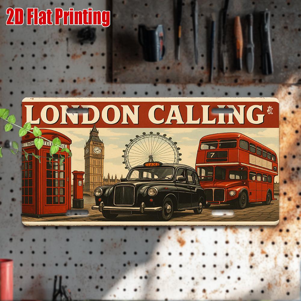 London Calling Metal License Plate -  Retro Aluminum Wall Art, London Landmark Design with Red Double-Decker Bus & Big Ben Clock